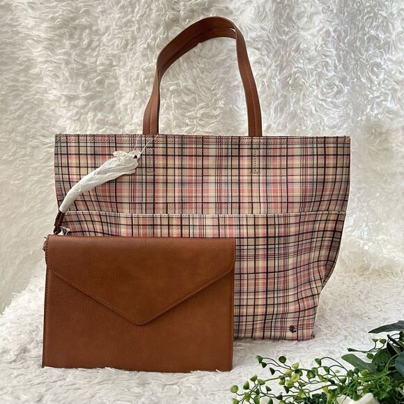 Elliott Lucca Delphine Plaid Faux Leather East WestTote Bag with Slim‎ Pouch NEW - Picture 1 of 11